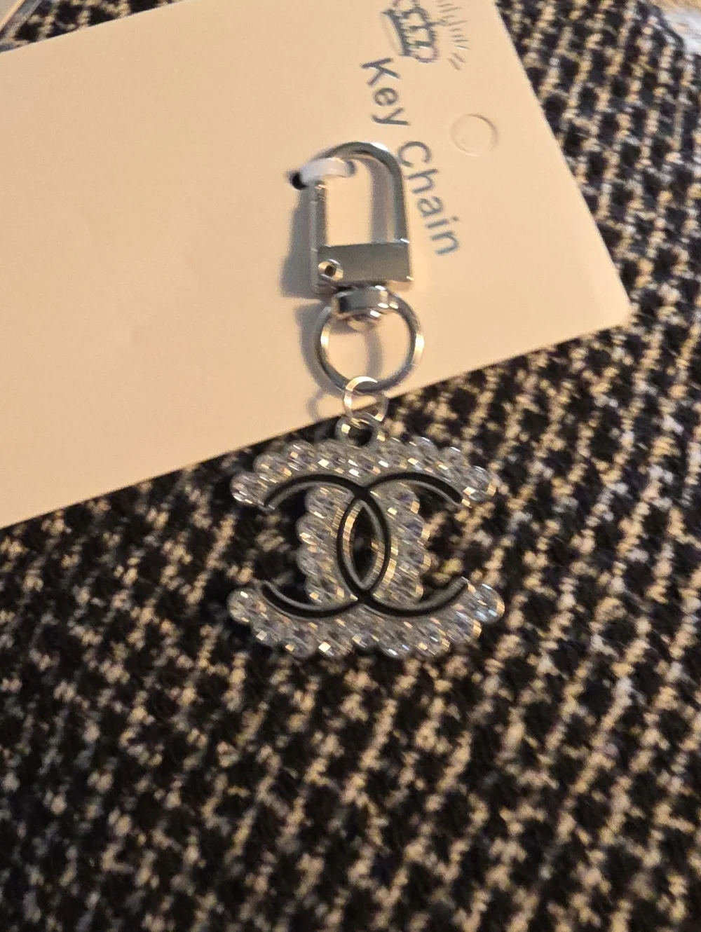 Crystal Interlocking Logo Key Chain - Black and Silver